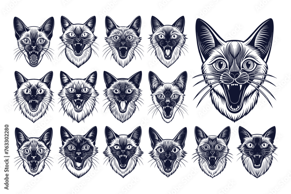 Cute meowing balinese cat face illustration design set Cute meowing balinese cat face illustration design set