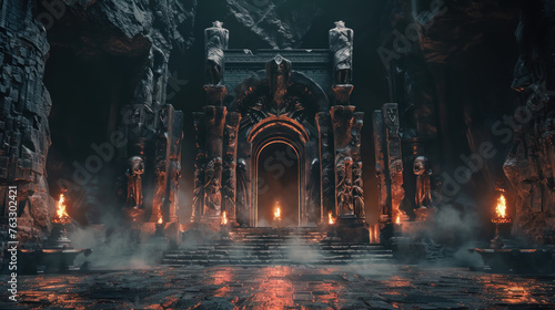 Abyssal Gates, The foreboding entrance to a demon's lair, adorned with monstrous statues and fiery torches, inviting the brave to enter the underworld photo