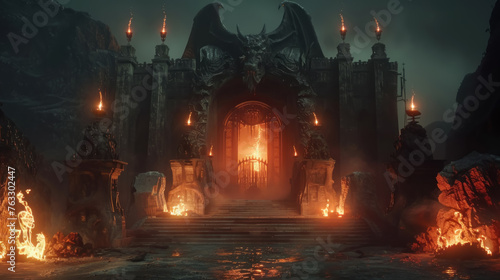 Abyssal Gates, The foreboding entrance to a demon's lair, adorned with monstrous statues and fiery torches, inviting the brave to enter the underworld