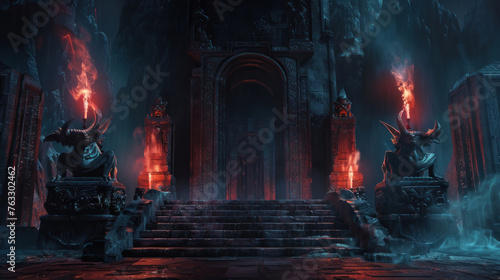 Abyssal Gates  The foreboding entrance to a demon s lair  adorned with monstrous statues and fiery torches  inviting the brave to enter the underworld