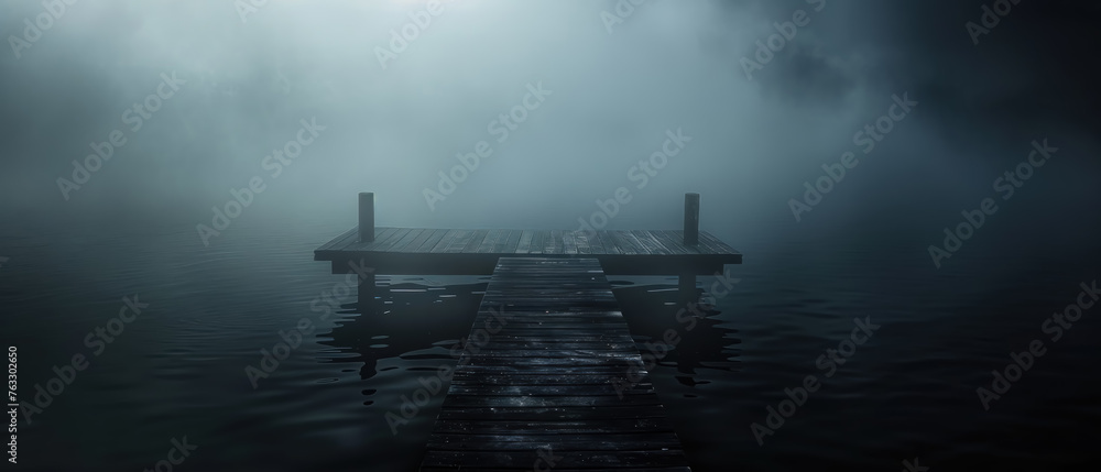 A wooden pier is shown in the dark with foggy water - obrazy, fototapety, plakaty 