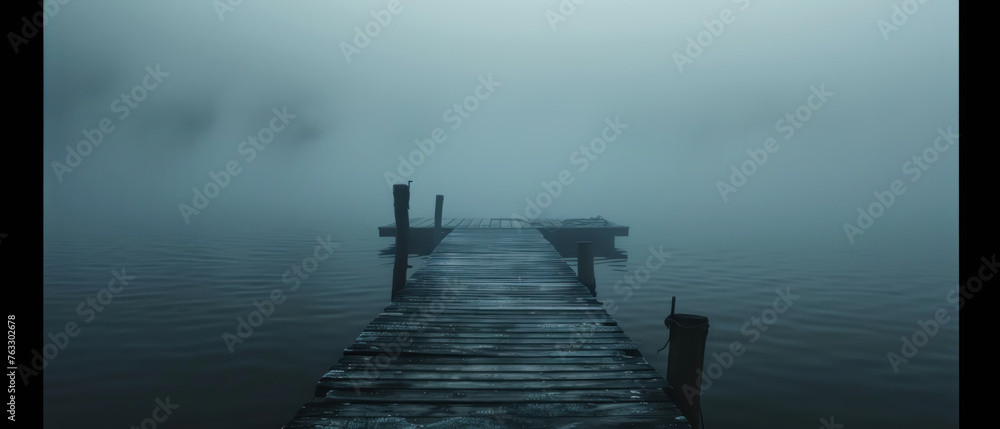 A foggy dock with a pier and a boat in the water - obrazy, fototapety, plakaty 