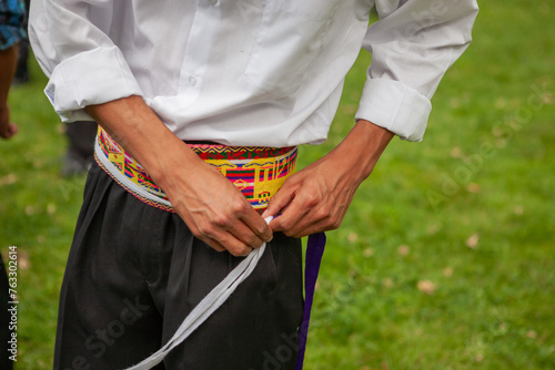 Waist sash, Huaylarsh costume, typical dance of Huancayo, Peru. photo