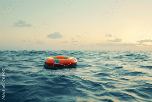 Safety equipment. Life buoy or rescue buoy floating on sea to rescue people. Generative AI
