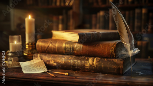 A stack of books with a candle and feather on top