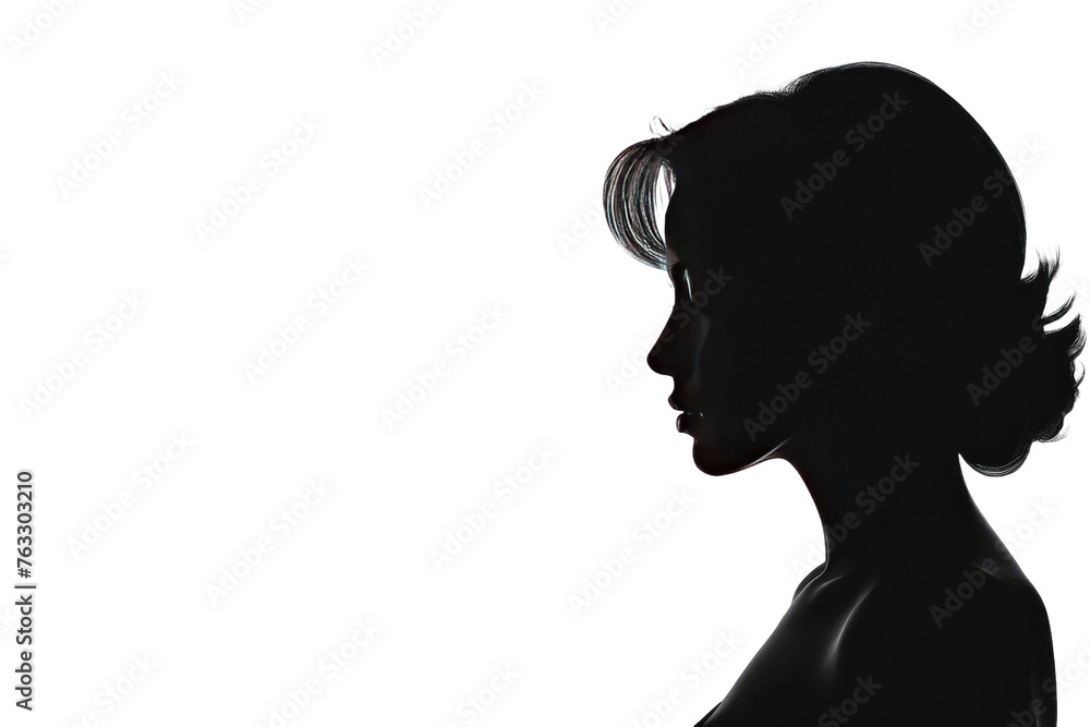 Black silhouette of a woman's head, central composition, stark contrast with the white background, isolated figure, stock illustration style, high quality, ultra clear