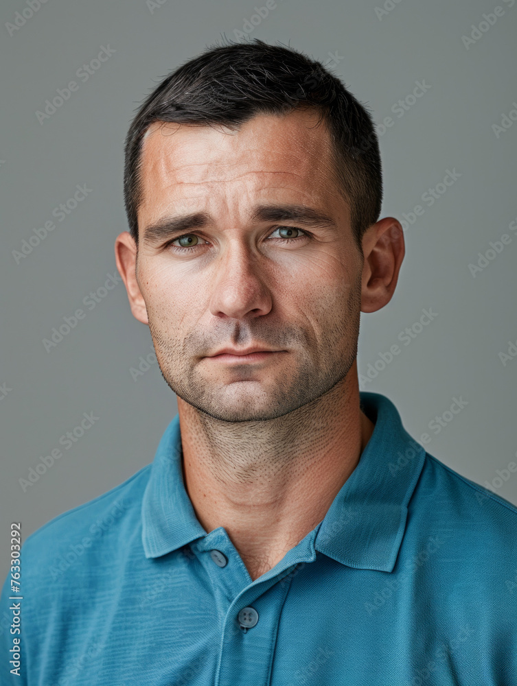 Obraz premium Close-up of a serious looking man with stubble, wearing a teal polo shirt on a simple background