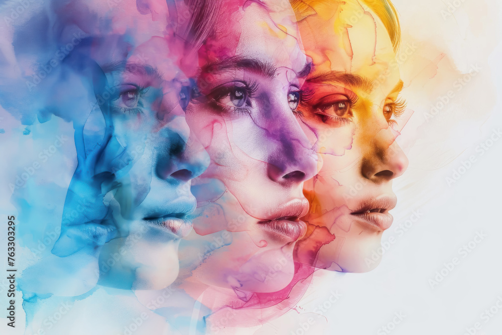 Three women's faces are shown in a painting with a blue background