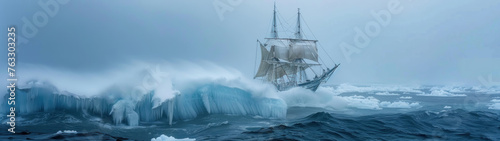 A large ship is sailing through rough waters with ice in the background