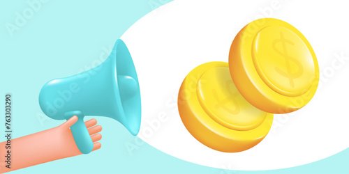 Receipt of wages, advertising of loans, notification of received funds. Loudspeaker in hand, megaphone, conceptual advertising banner, 3D vector illustration.