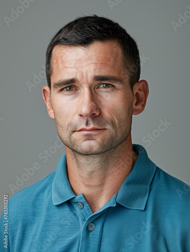Close-up of a serious looking man with stubble, wearing a teal polo shirt on a simple background