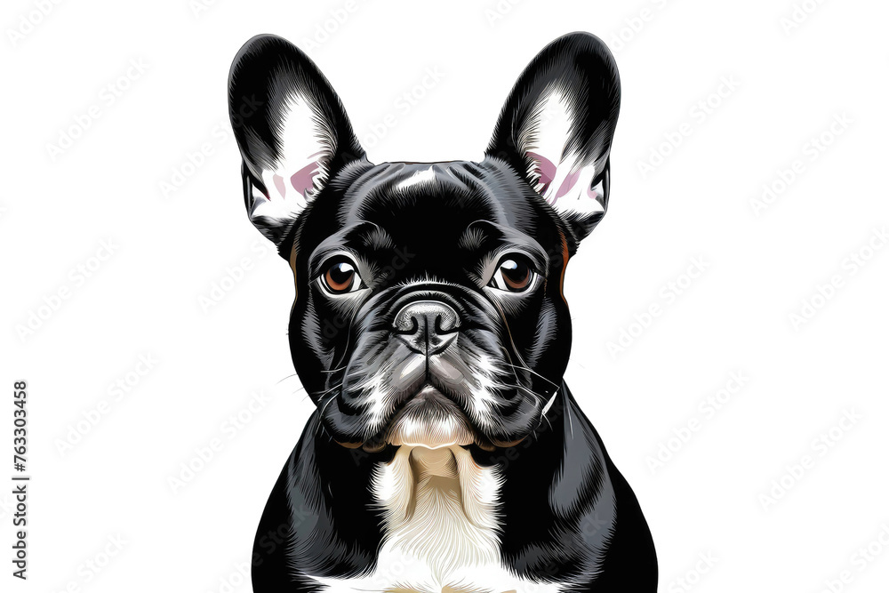 French bulldog head silhouette, isolated on white background, extreme contrast, focused on center, high-resolution stock illustration, jet-black, minimalistic design, silhouette sharpness