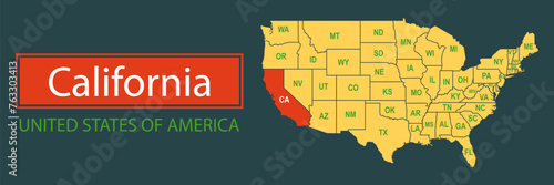 Banner, highlighting the boundaries of the state of California on the map of the United States of America. Vector map borders of the USA California state. photo