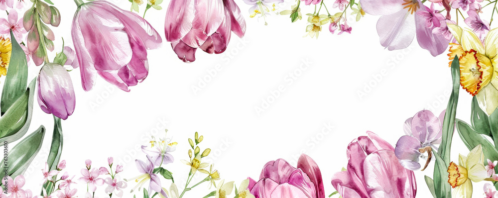 watercolor painting showcasing vibrant pink yellow flowers full bloom. delicate petals intricate details of flowers are captured beautifully, creating colorful lively composition. Banner. Copy space