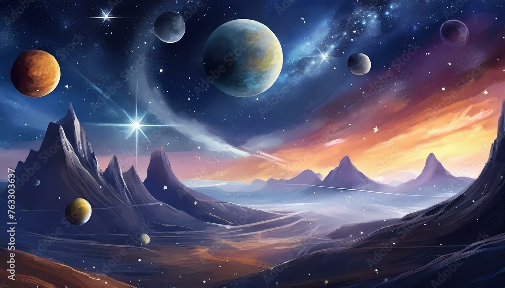 Fototapeta premium Night landscape with planets, Generative AI
