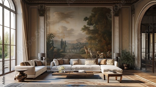 an AI-generated vision of a living space, harmonizing elegant couches with an artistically crafted wall mural, forming a visually appealing and cohesive environment photo