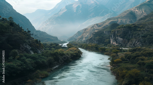 The river is in the middle of the mountains