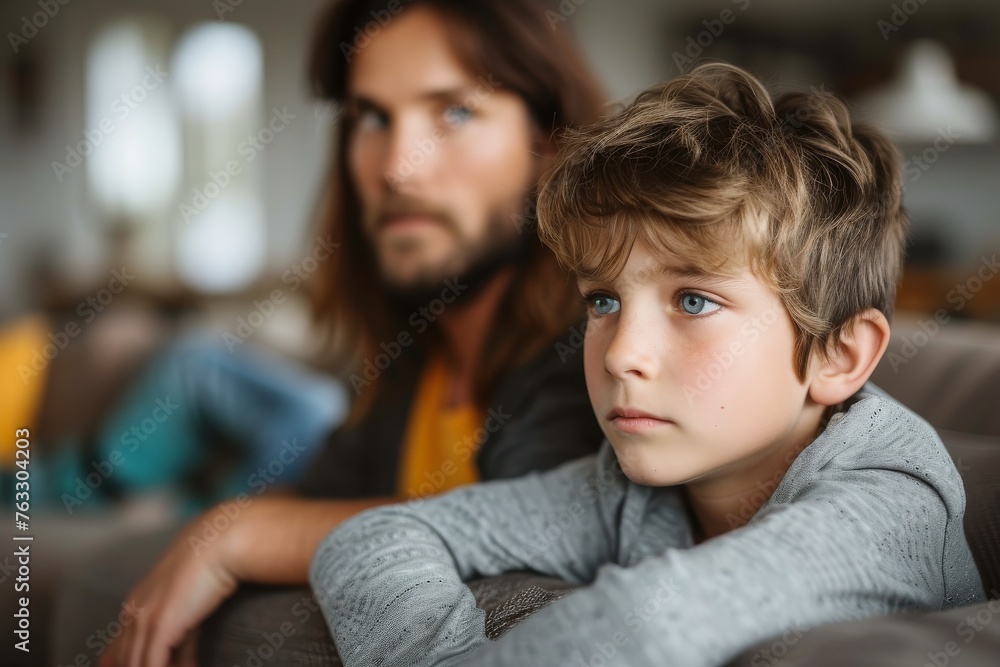 A man and a boy sharing a fun event, sitting on a couch, happy and relaxed, talking about difference in generation A man and a boy sharing a fun event, sitting on a couch, happy and relaxed, talking about difference in generation