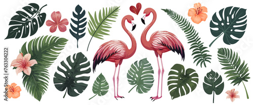 Tropical leaves, plants and flamingo. Vector modern floral illustrations of tropic print, palm leaf, monstera, fern, bouquet for greeting card, background