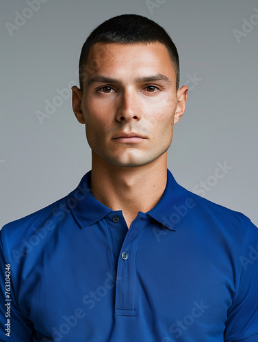 Calm young man sporting a stoic expression and a blue polo shirt against a neutral grey background photo