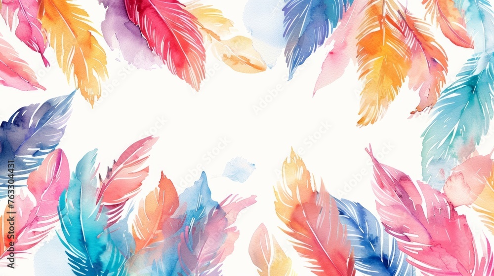 The background of this modern illustration is hand-drawn with colorful watercolor feathers. The background of this modern illustration is hand-drawn with colorful watercolor feathers.