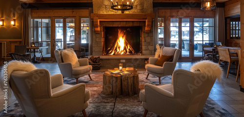 A welcoming hotel lobby featuring comfortable couches grouped around a fireplace, perfect for guests to unwind in photo