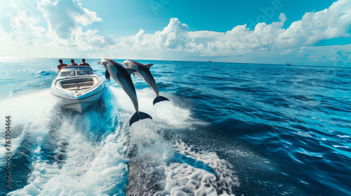 Tourists riding a speedboat encounter dolphins jumping into the water
