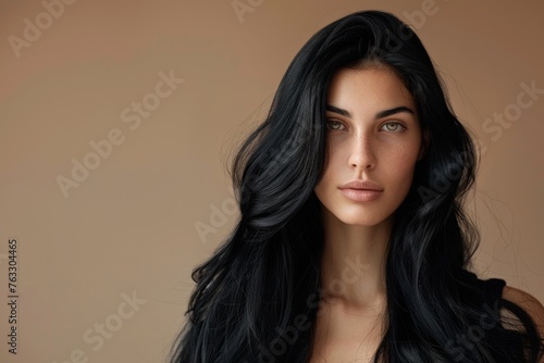 Woman with Long, Voluminous Jet Black Hair in Elegant Waves