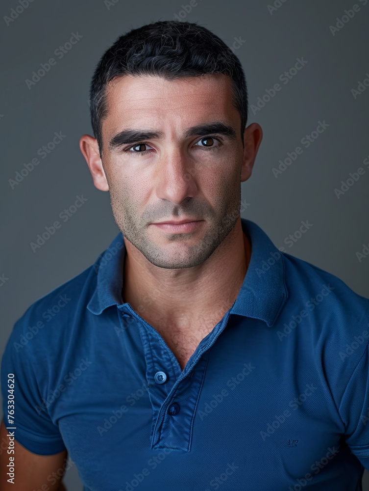 Obraz premium This image captures a handsome man in a blue polo shirt with an intense gaze and confident expression, representing strength and determination