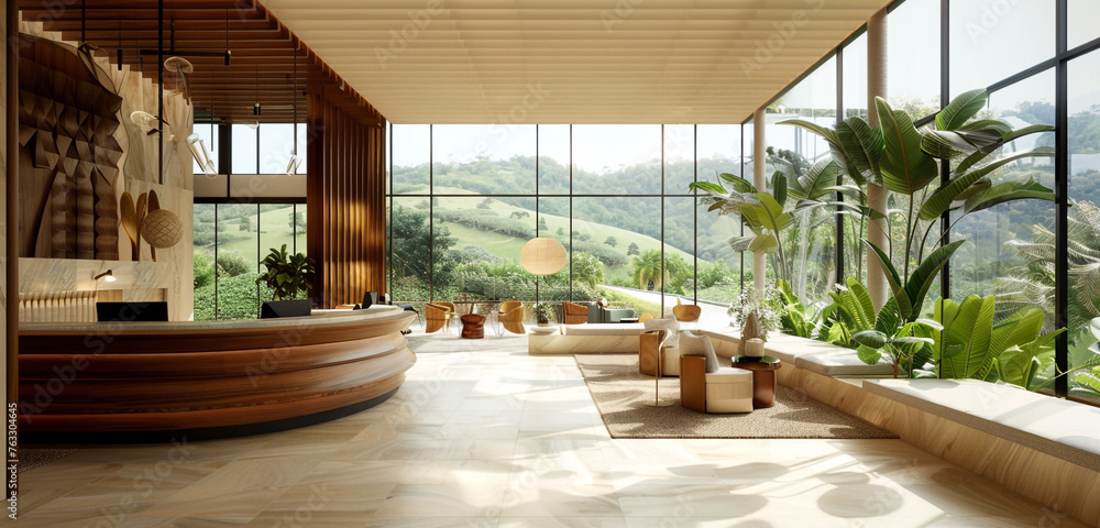 An airy hotel reception area with panoramic views of rolling hills and lush greenery outside
