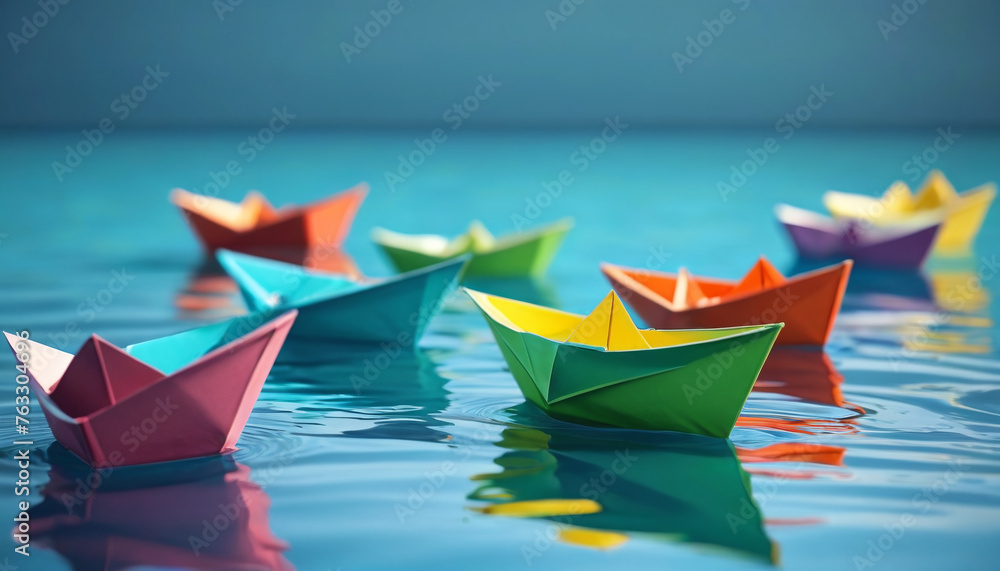 Origami boat on the water. Colorful. Generative AI.
