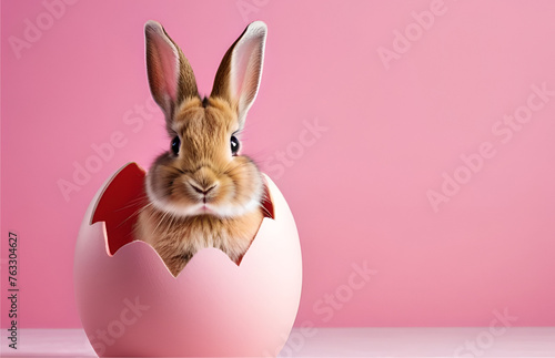 easter bunny  hatching from  egg  isolated on pink background