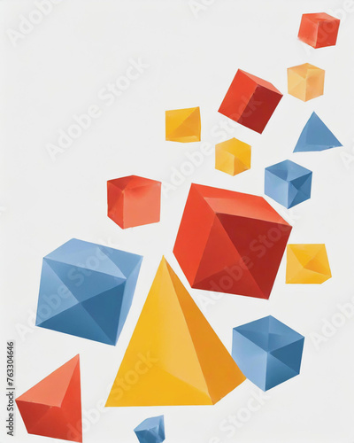 Geometric Shapes, Cubes, Pyramids in Blue, Red and Gold on White Background