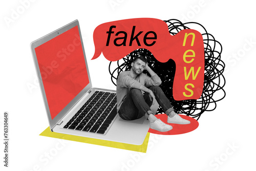 Creative collage picture sitting young man laptop computer fake news drawing doodles opinion control mass media propaganda