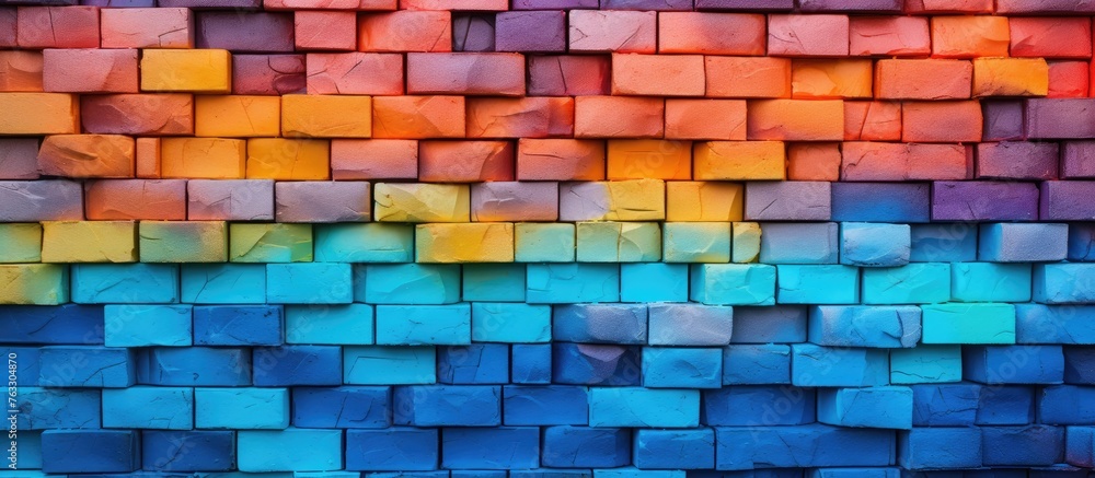 A closeup of a symmetrical pattern of azure, rainbowcolored bricks on a rectangle brick wall. The artistry of the brickwork creates a unique flooring design with a variety of tints and shades A closeup of a symmetrical pattern of azure, rainbowcolored bricks on a rectangle brick wall. The artistry of the brickwork creates a unique flooring design with a variety of tints and shades
