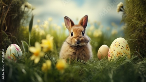 A fluffy rabbit sits on a green lawn among Easter eggs. Retro style. Concept Easter symbols. Horizontal orientation.