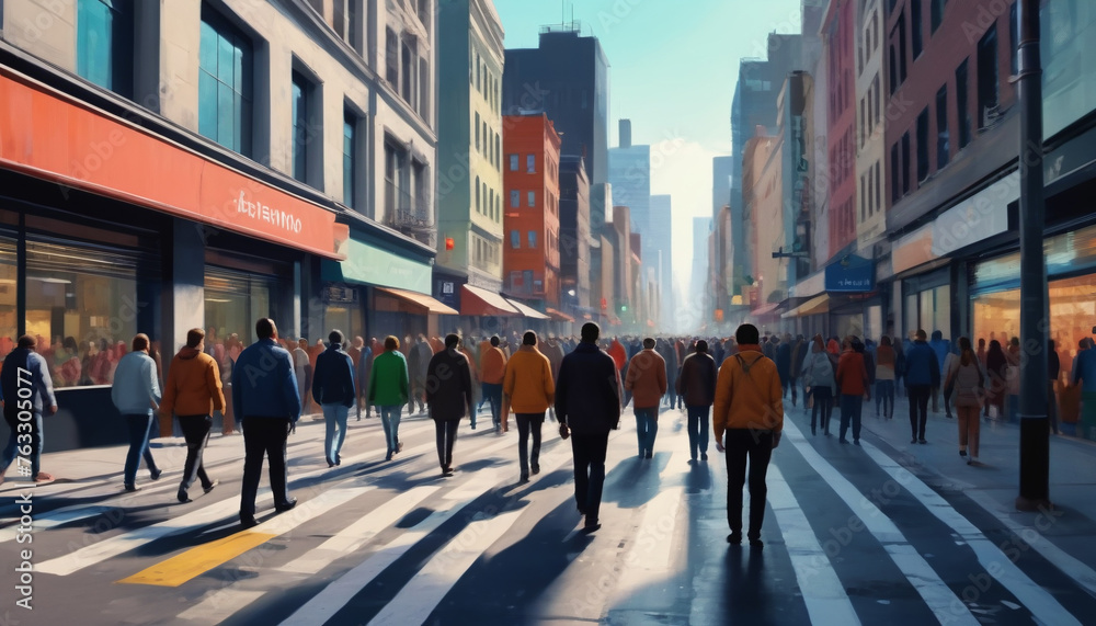 Crowd in the middle of the city walking through crowded streets. Generative AI.