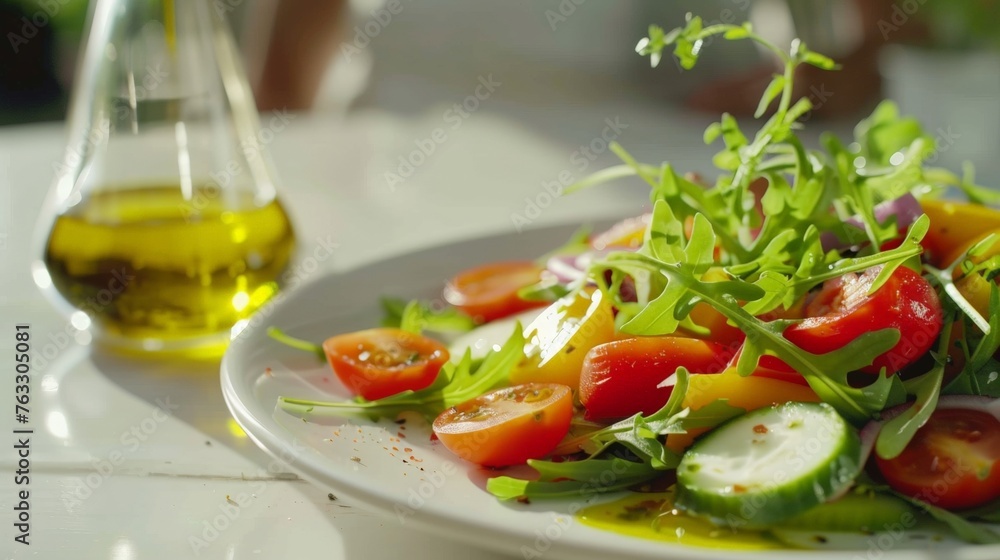 Plate of Colorful Salad with Fresh Vegetables and Olive Oil Drizzle Plate of Colorful Salad with Fresh Vegetables and Olive Oil Drizzle