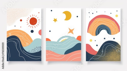 A set of three abstract pop art aesthetic background illustrations with sun lights, stars, a Boho rainbow, waves, dots, spiral lines. A trending colorful illustration for social media, web design in