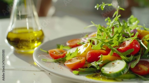 Plate of Colorful Salad with Fresh Vegetables and Olive Oil Drizzle