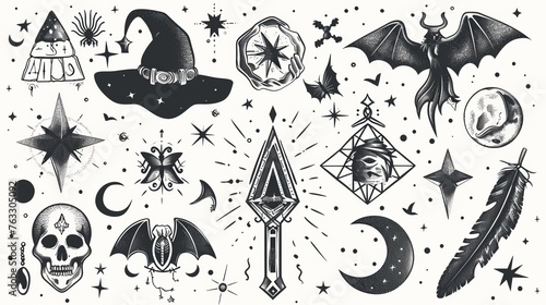 Witchcraft symbols. Modern design elements set. Hand drawn, doodle, sketch magician collection.