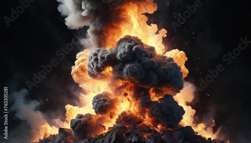 Controlled explosion. Image showing fire and smoke simultaneously on a black background.