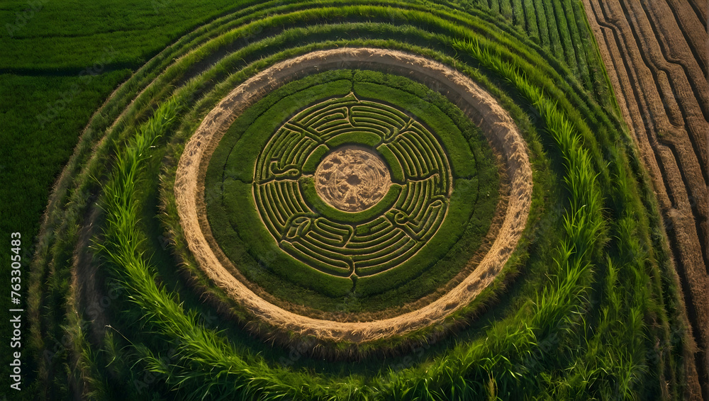 Photo real with nature theme for Agricultural Art concept as Crop circles and agricultural art visible only from a birds-eye perspective  ,Full depth of field, clean light, high quality ,include copy 