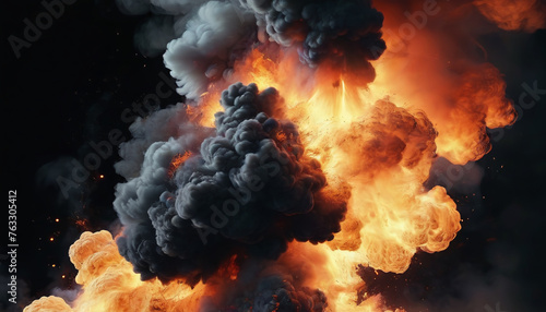 Controlled explosion. Image showing fire and smoke simultaneously on a black background.