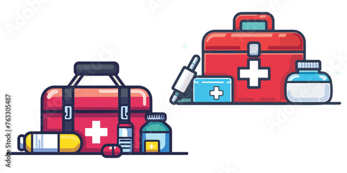 a first aid kit, showcasing vital medical supplies in a contemporary graphic art style