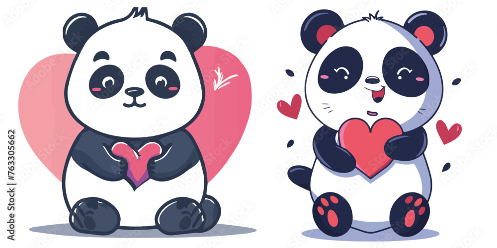 Fototapeta premium A lovable illustration of a panda making a heart shape with its hands, with a large pink heart in the background, symbolizing love and care.