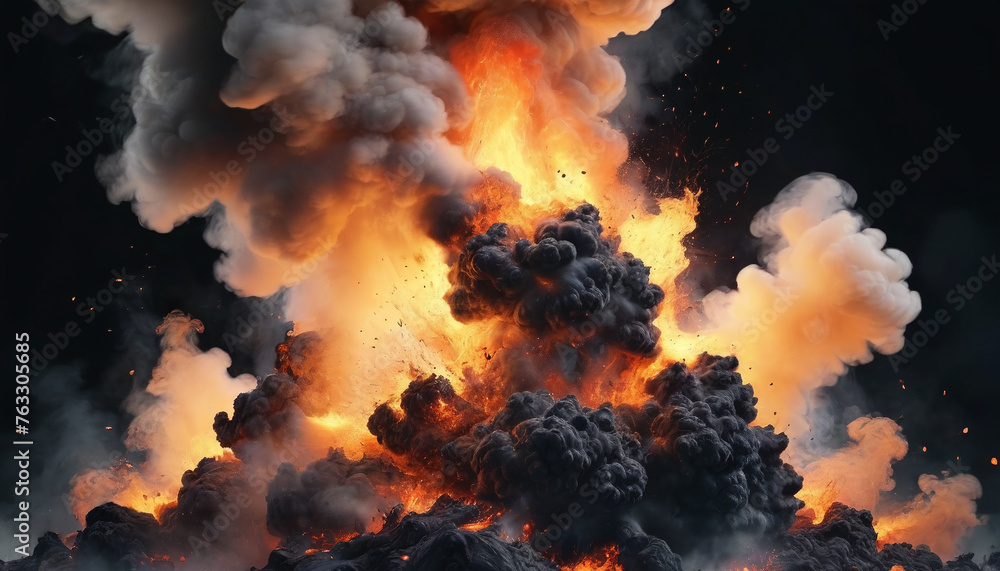 Controlled explosion. Image showing fire and smoke simultaneously on a black background.

