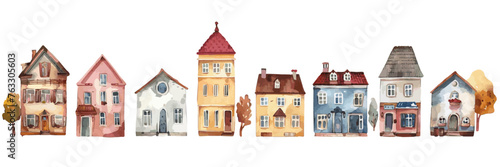 An enchanting watercolor illustration showcasing a row of European-style townhouses, each painted in a unique color scheme with delightful architectural details.
