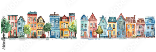 A charming watercolor painting featuring a row of colorful, whimsical houses with trees, evoking a storybook neighborhood vibe.
