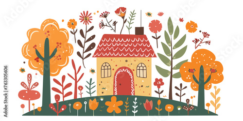 vibrant illustration vector presents a whimsical cottage surrounded by an enchanting array of stylized flowers and trees, exuding charm and a fairy-tale warmth.

